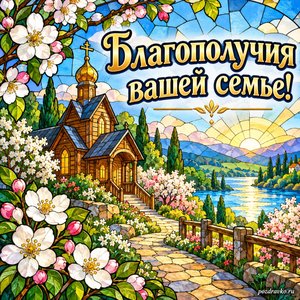 Лазарева суббота — открытка «Благополучия вашей семье!» с деревянной церковью у цветущей дорожки