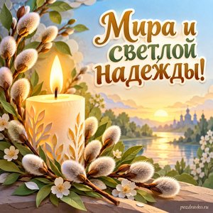 Лазарева суббота — открытка «Мира и светлой надежды!» с горящей свечой и веточкой вербы