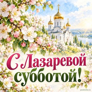 Лазарева суббота — открытка «С Лазаревой субботой!» с белым храмом среди цветущих яблонь