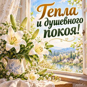 Лазарева суббота — открытка «Тепла и душевного покоя!» с белыми лилиями у открытого окна
