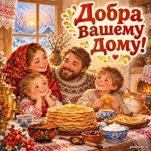 Масленица — открытка «Добра вашему дому!» с семьёй за домашним столом с блинами