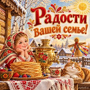 Масленица — открытка «Радости вашей семье!» с солнечным деревенским двориком и самоваром