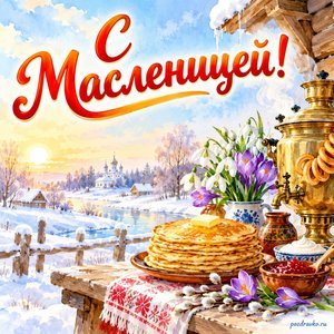Масленица — открытка «С Масленицей!» с блинами, самоваром и зимними цветами