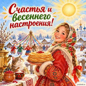 Масленица — открытка «Счастья и весеннего настроения!» с солнцем над заснеженной деревней