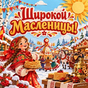 Масленица — открытка «Широкой Масленицы!» с весёлой ярмаркой в русском стиле без надписей