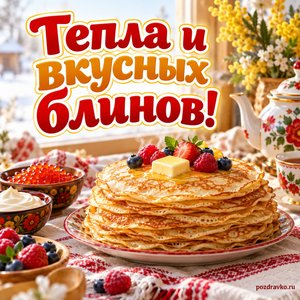 Масленица — открытка «Тепла и вкусных блинов!» с уютным чайным столом и стопкой блинов