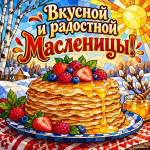 Масленица — открытка «Вкусной и радостной Масленицы!» с красивым блином, ягодами и мёдом
