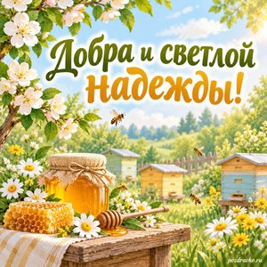 Медовый Спас — открытка «Добра и светлой надежды!» с пасекой в спокойном зелёном саду без людей