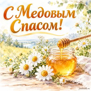 Медовый Спас — открытка «С Медовым Спасом!» с баночкой мёда без этикетки и ромашками