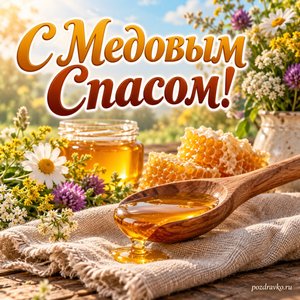 Медовый Спас — открытка «С Медовым Спасом!» с деревянной ложкой мёда на льняной ткани