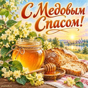 Медовый Спас — открытка «С Медовым Спасом!» с мёдом, хлебом и цветущей веточкой