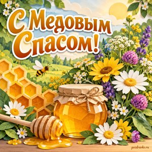 Медовый Спас — открытка «С Медовым Спасом!» с медовыми сотами и букетом полевых цветов