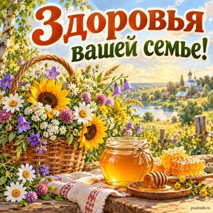 Медовый Спас — открытка «Здоровья вашей семье!» с корзиной летних цветов и мёдом