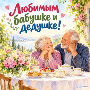 Международный день бабушек и дедушек — открытка «Любимым бабушке и дедушке!» с бабушкой и дедушкой за уютным чайным столом