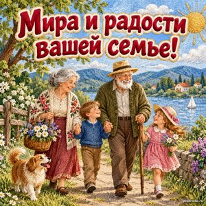 Международный день бабушек и дедушек — открытка «Мира и радости вашей семье!» с бабушкой, дедушкой и внуками на прогулке