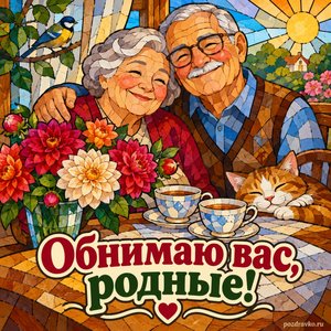 Международный день бабушек и дедушек — открытка «Обнимаю вас, родные!» с букетом георгин и двумя чайными чашками