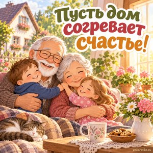 Международный день бабушек и дедушек — открытка «Пусть дом согревает счастье!» с уютным домиком, цветами и солнечным окном