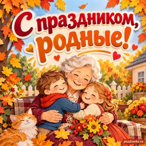 Международный день бабушек и дедушек — открытка «С праздником, родные!» с внуками и бабушкой в осеннем саду