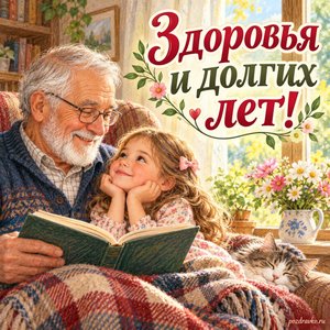 Международный день бабушек и дедушек — открытка «Здоровья и долгих лет!» с дедушкой и внучкой у окна