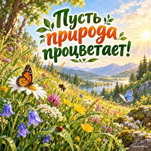Международный день биологического разнообразия — открытка «Пусть природа процветает!» луг в утренних лучах