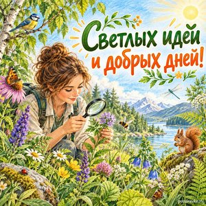 Международный день биологического разнообразия — открытка «Светлых идей и добрых дней!» учёная наблюдает растения