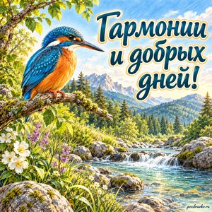 Международный день биосферных резерватов — открытка «Гармонии и добрых дней!» зимородок на ветке над ручьём