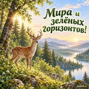 Международный день биосферных резерватов — открытка «Мира и зелёных горизонтов!» олень у тихой лесной опушки