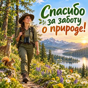 Международный день биосферных резерватов — открытка «Спасибо за заботу о природе!» лесничая на тропе среди цветущего луга