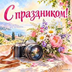 Международный день блогера — открытка «С праздником!» с камерой и букетом летних цветов