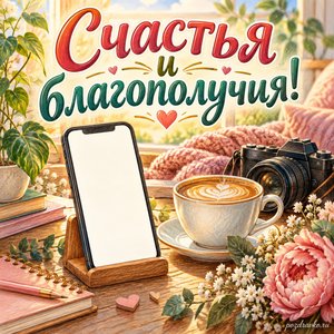 Международный день блогера — открытка «Счастья и благополучия!» с телефоном с пустым экраном и чашкой кофе