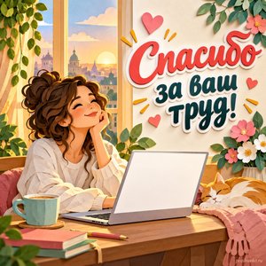 Международный день блогера — открытка «Спасибо за ваш труд!» с автором у окна и ноутбуком с пустым экраном