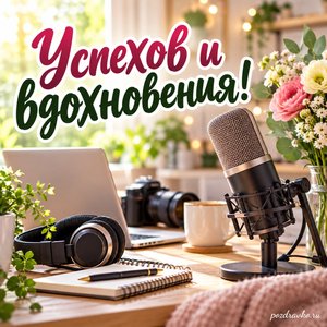 Международный день блогера — открытка «Успехов и вдохновения!» с микрофоном в уютной домашней студии