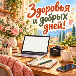 Международный день блогера — открытка «Здоровья и добрых дней!» с творческим рабочим столом