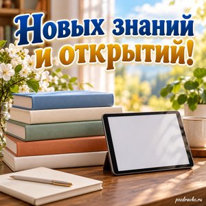 Международный день цифрового обучения — открытка «Новых знаний и открытий!» книги без букв и планшет Международный день цифрового обучения — открытка «Новых знаний и открытий!» книги без букв и планшет