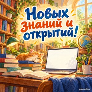 Международный день цифрового обучения — открытка «Новых знаний и открытий!» бумажная библиотека и экран без символов Международный день цифрового обучения — открытка «Новых знаний и открытий!» бумажная библиотека и экран без символов