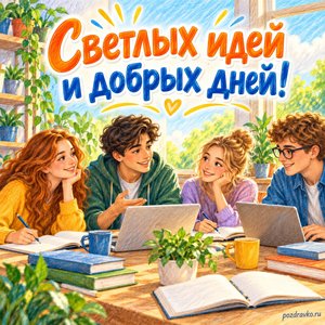 Международный день цифрового обучения — открытка «Светлых идей и добрых дней!» друзья учатся за общим столом Международный день цифрового обучения — открытка «Светлых идей и добрых дней!» друзья учатся за общим столом