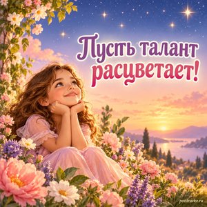 Международный день девочек — открытка «Пусть талант расцветает!» звёзды над цветущим садом