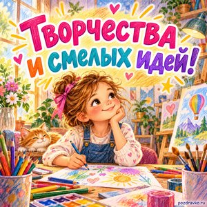 Международный день девочек — открытка «Творчества и смелых идей!» девочка рисует в мастерской