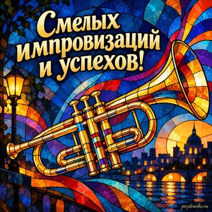Международный день джаза — открытка «Смелых импровизаций и успехов!» витражная труба Международный день джаза — открытка «Смелых импровизаций и успехов!» витражная труба