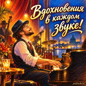 Международный день джаза — открытка «Вдохновения в каждом звуке!» пианист в тёплом свете Международный день джаза — открытка «Вдохновения в каждом звуке!» пианист в тёплом свете