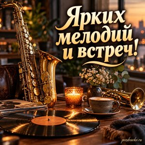 Международный день джаза — открытка «Ярких мелодий и встреч!» уютный музыкальный натюрморт Международный день джаза — открытка «Ярких мелодий и встреч!» уютный музыкальный натюрморт