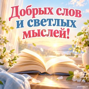 Международный день грамотности — открытка «Добрых слов и светлых мыслей!» свет над раскрытой книгой