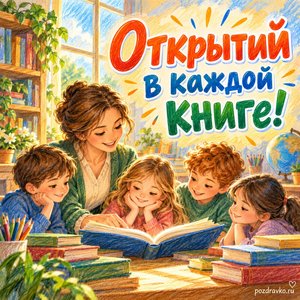 Международный день грамотности — открытка «Открытий в каждой книге!» педагог с учениками