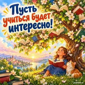 Международный день грамотности — открытка «Пусть учиться будет интересно!» цветущее дерево знаний
