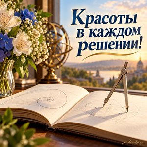 Международный день математики — открытка «Красоты в каждом решении!» раскрытая книга и циркуль без шкал