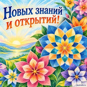 Международный день математики — открытка «Новых знаний и открытий!» мозаика симметричных цветов