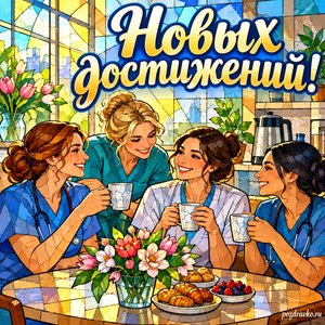 Международный день медицинской сестры — открытка «Новых достижений!» с чашкой чая в комнате отдыха медиков Международный день медицинской сестры — открытка «Новых достижений!» с чашкой чая в комнате отдыха медиков