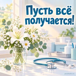 Международный день медицинской сестры — открытка «Пусть всё получается!» с белыми цветами на чистом медицинском столе Международный день медицинской сестры — открытка «Пусть всё получается!» с белыми цветами на чистом медицинском столе