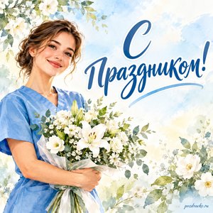 Международный день медицинской сестры — открытка «С праздником!» с медицинской сестрой и букетом белых цветов Международный день медицинской сестры — открытка «С праздником!» с медицинской сестрой и букетом белых цветов