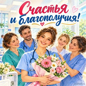 Международный день медицинской сестры — открытка «Счастья и благополучия!» с коллегами в светлом помещении больницы Международный день медицинской сестры — открытка «Счастья и благополучия!» с коллегами в светлом помещении больницы